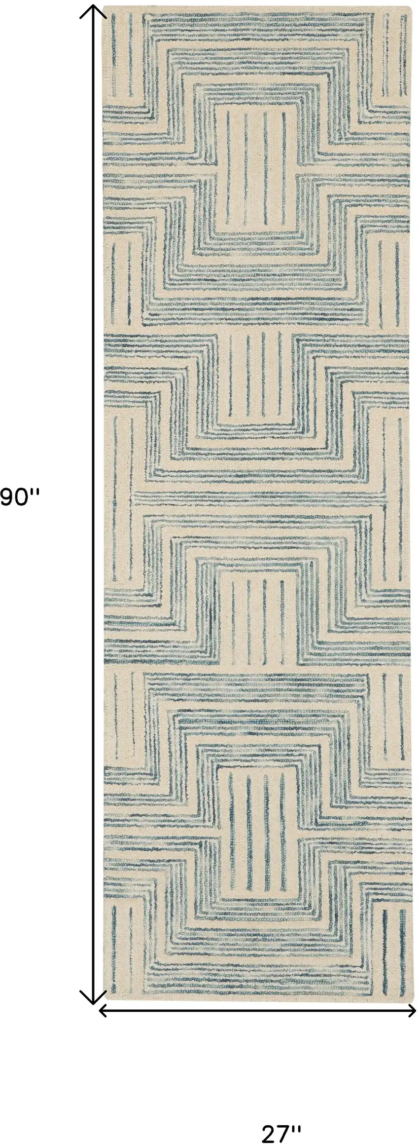8' Ivory and Turquoise Wool Geometric Runner Rug Photo 3