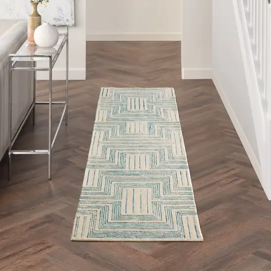 8' Ivory and Turquoise Wool Geometric Runner Rug Photo 5