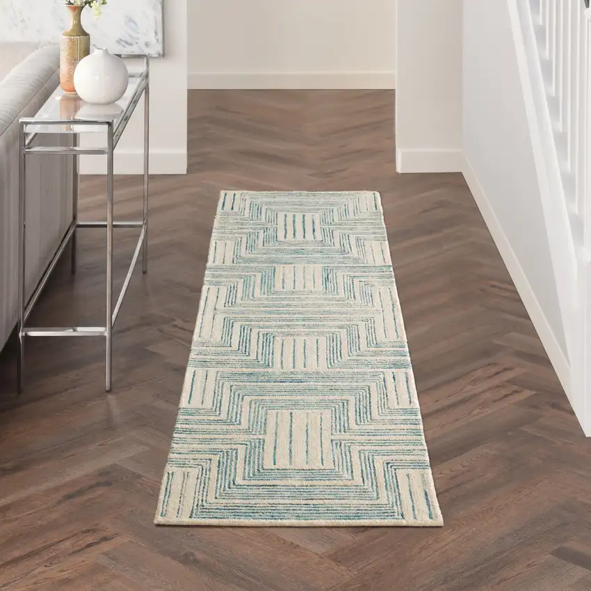 8' Ivory and Turquoise Wool Geometric Runner Rug Photo 5