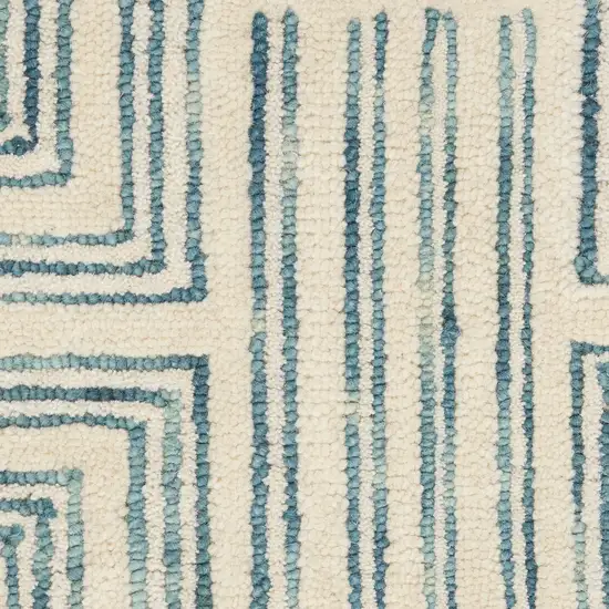 8' Ivory and Turquoise Wool Geometric Runner Rug Photo 3