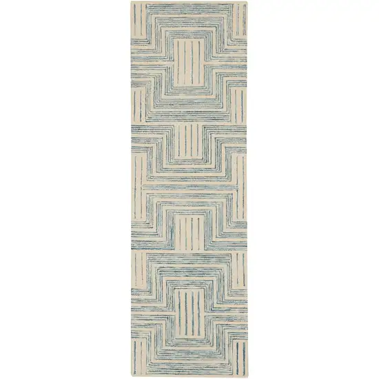 8' Ivory and Turquoise Wool Geometric Runner Rug Photo 1