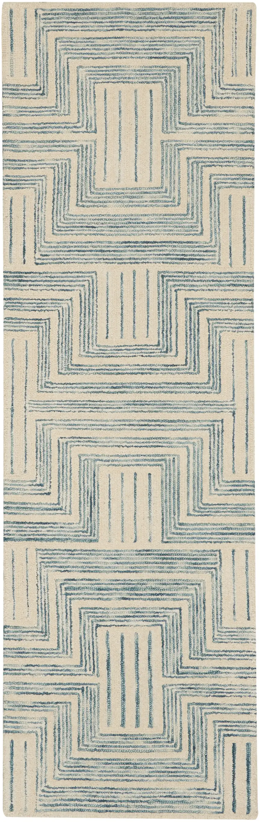 8' Ivory and Turquoise Wool Geometric Runner Rug Photo 1
