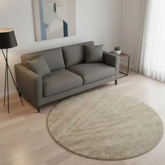 8' Khaki And Beige Abstract Washable Round Rug With UV Protection Photo 2