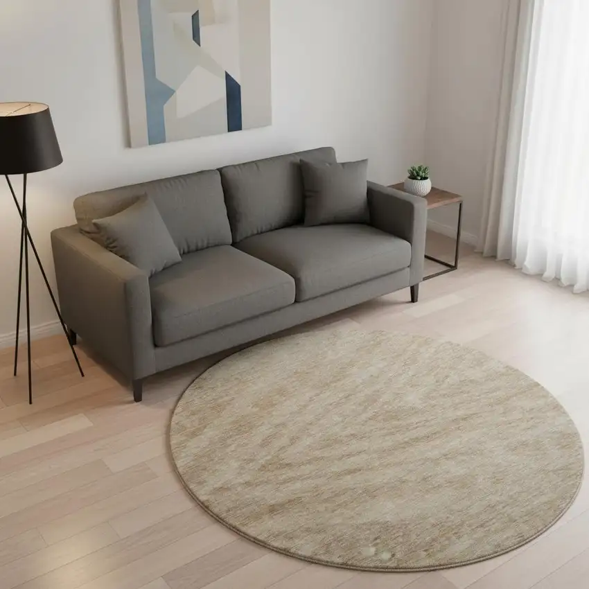 8' Khaki And Beige Abstract Washable Round Rug With UV Protection Photo 2