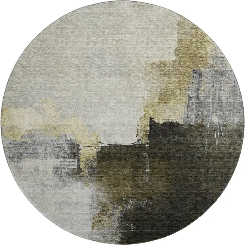 8' Khaki And Beige Abstract Washable Round Rug With UV Protection Photo 1