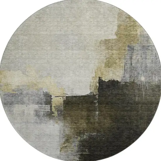 8' Khaki And Beige Abstract Washable Round Rug With UV Protection Photo 2
