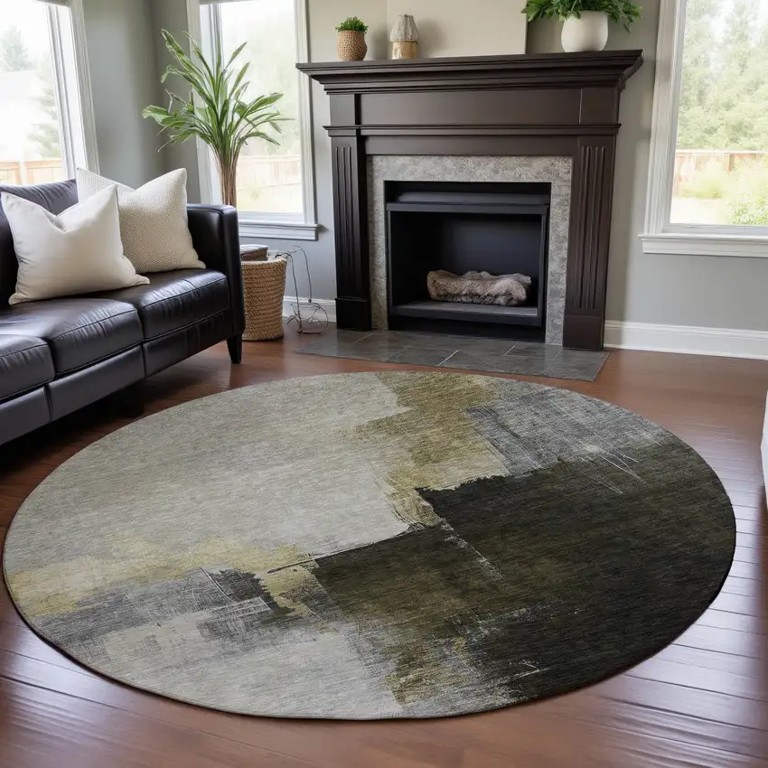 8' Khaki And Beige Abstract Washable Round Rug With UV Protection Photo 3