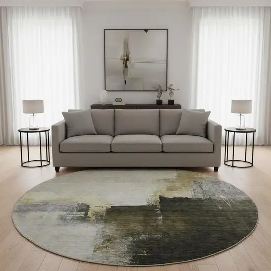 8' Khaki And Beige Abstract Washable Round Rug With UV Protection Photo 2