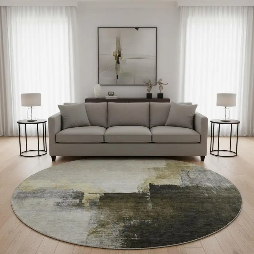 8' Khaki And Beige Abstract Washable Round Rug With UV Protection Photo 2