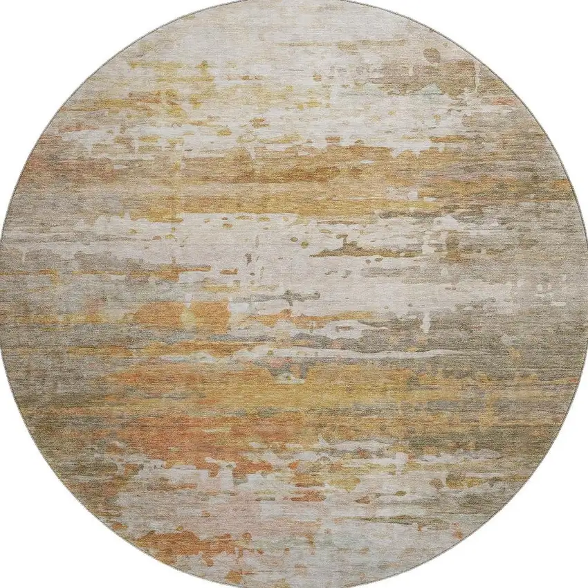 8' Khaki And Beige Abstract Washable Round Rug With UV Protection Photo 4