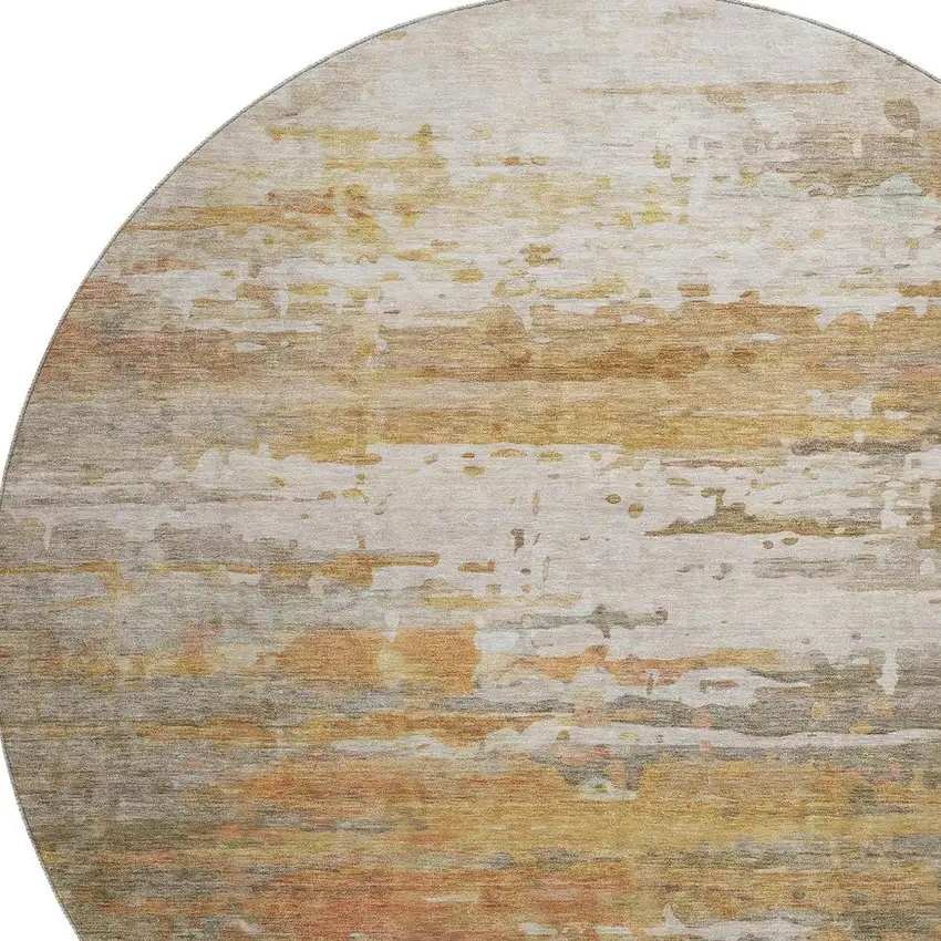 8' Khaki And Beige Abstract Washable Round Rug With UV Protection Photo 3