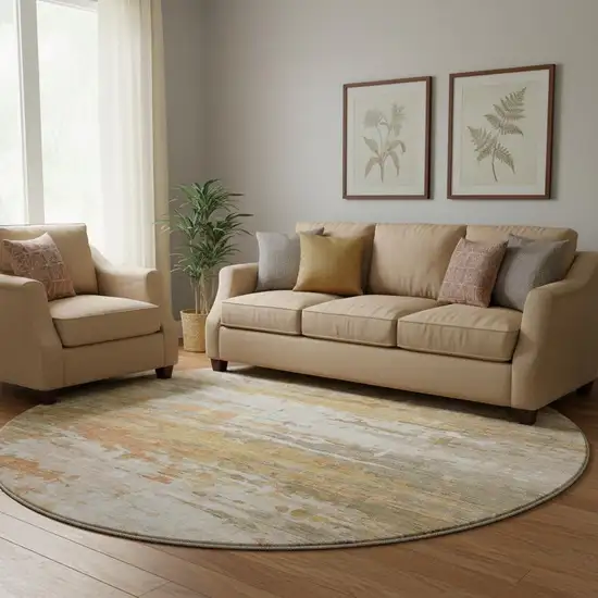 8' Khaki And Beige Abstract Washable Round Rug With UV Protection Photo 2