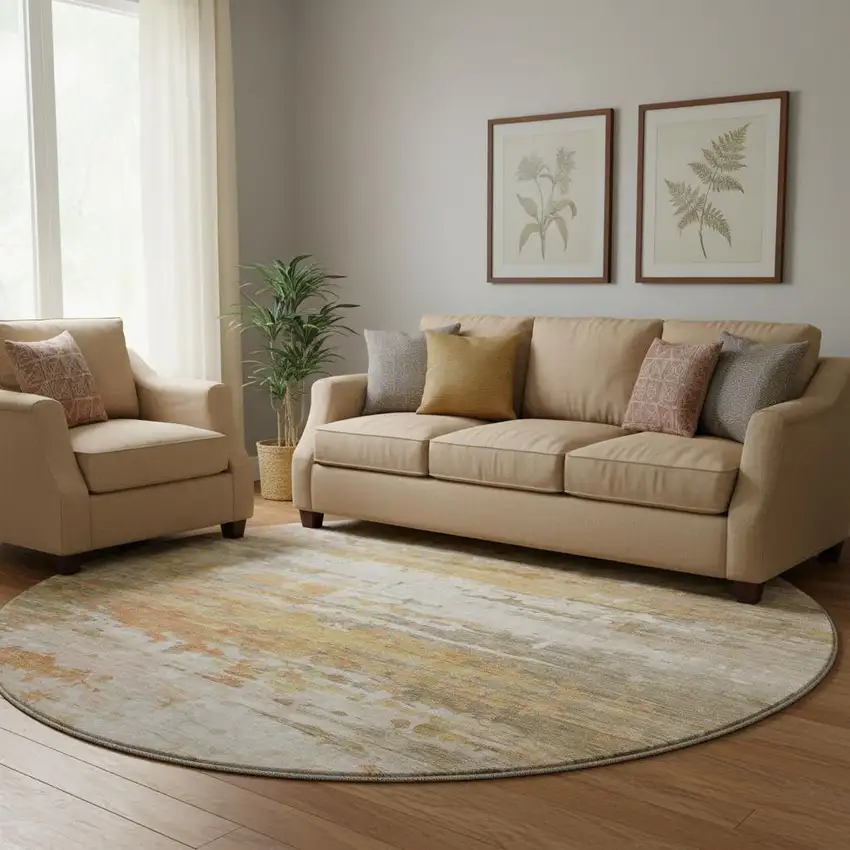 8' Khaki And Beige Abstract Washable Round Rug With UV Protection Photo 2