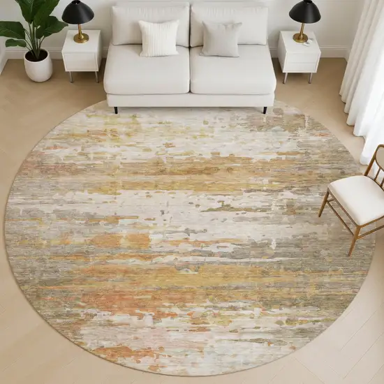 8' Khaki And Beige Abstract Washable Round Rug With UV Protection Photo 5