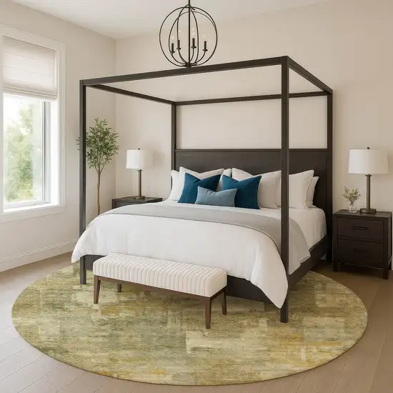 8' Khaki And Beige Abstract Washable Round Rug With UV Protection Photo 5