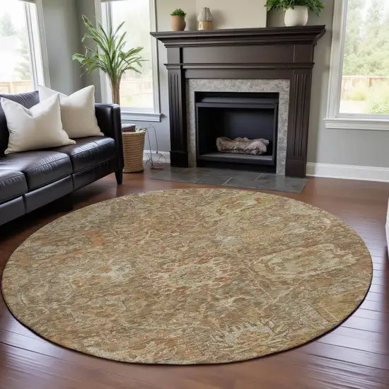 8' Khaki And Beige Damask Washable Round Rug With UV Protection Photo 4
