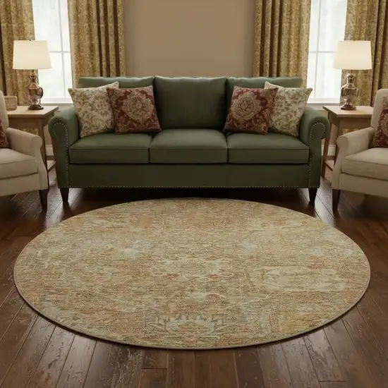 8' Khaki And Beige Damask Washable Round Rug With UV Protection Photo 2