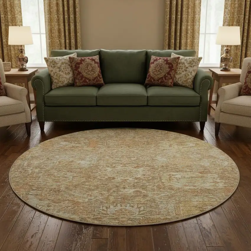 8' Khaki And Beige Damask Washable Round Rug With UV Protection Photo 2