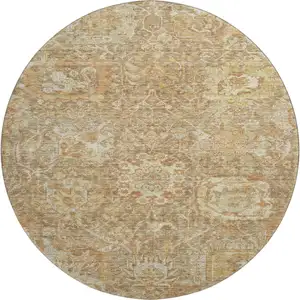 Photo of 8' Khaki And Beige Damask Washable Round Rug With UV Protection