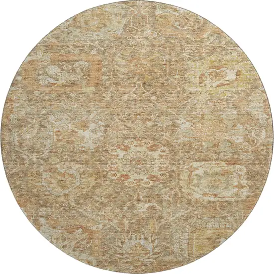 8' Khaki And Beige Damask Washable Round Rug With UV Protection Photo 1