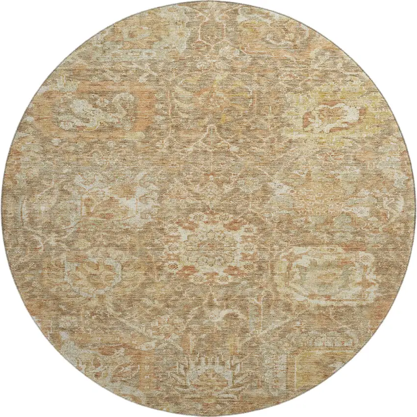8' Khaki And Beige Damask Washable Round Rug With UV Protection Photo 1