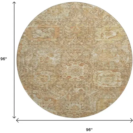 8' Khaki And Beige Damask Washable Round Rug With UV Protection Photo 9