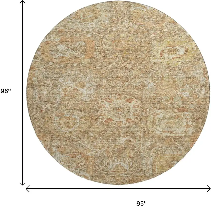 8' Khaki And Beige Damask Washable Round Rug With UV Protection Photo 9