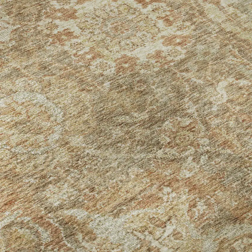 8' Khaki And Beige Damask Washable Round Rug With UV Protection Photo 9