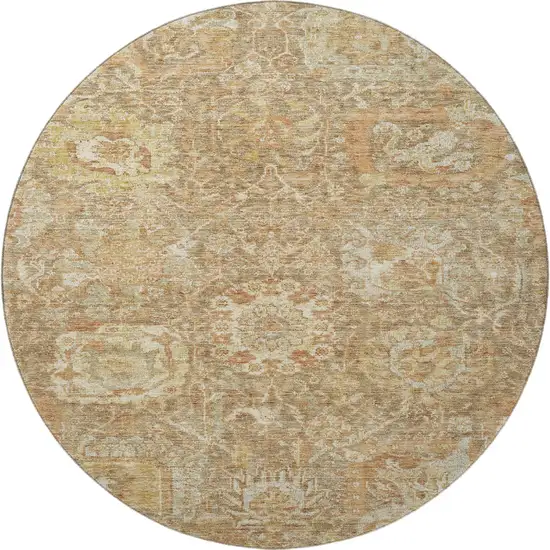8' Khaki And Beige Damask Washable Round Rug With UV Protection Photo 3