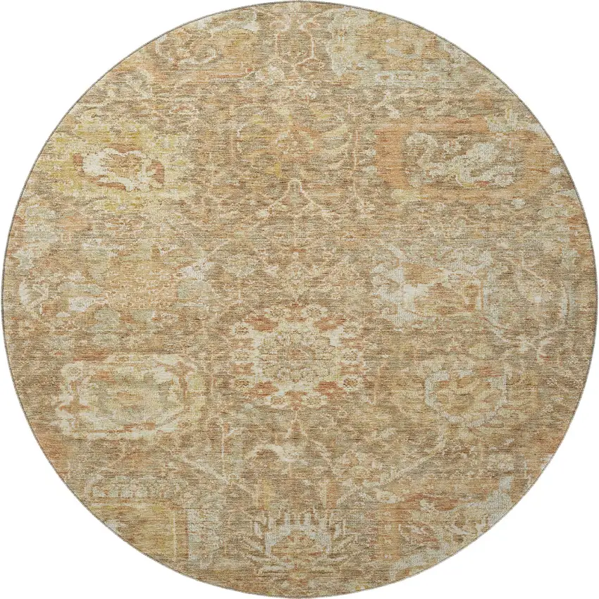 8' Khaki And Beige Damask Washable Round Rug With UV Protection Photo 3