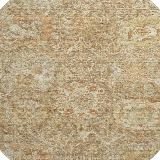 8' Khaki And Beige Damask Washable Round Rug With UV Protection Photo 2