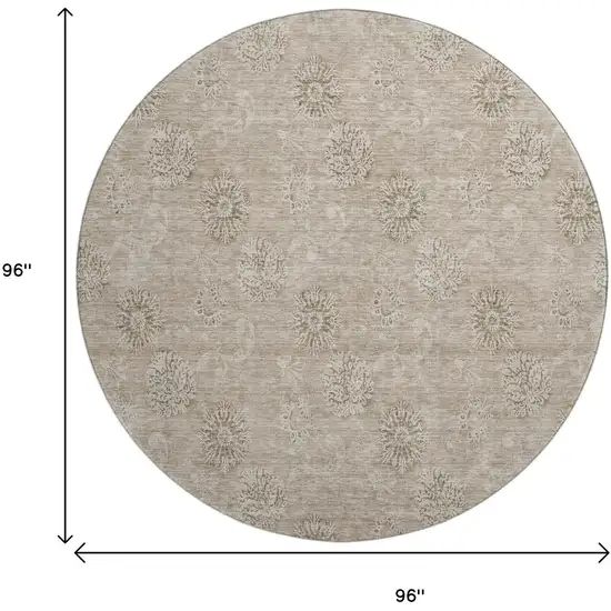 8' Khaki And Beige Floral Washable Round Rug With UV Protection Photo 3