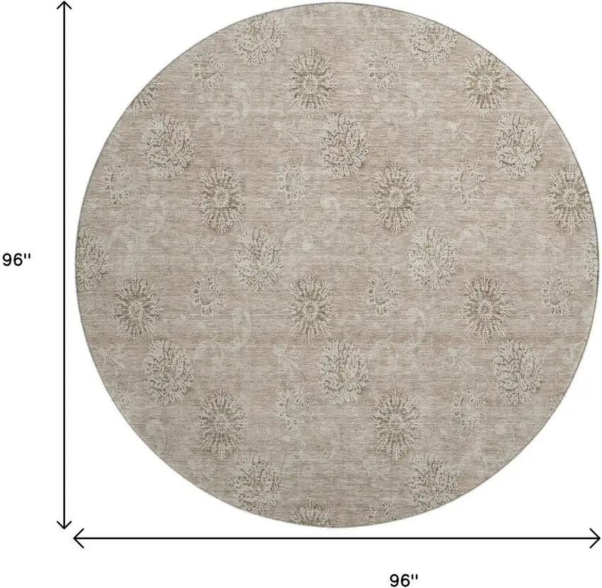 8' Khaki And Beige Floral Washable Round Rug With UV Protection Photo 3