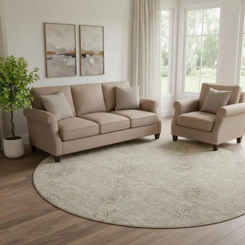 8' Khaki And Beige Floral Washable Round Rug With UV Protection Photo 1