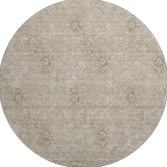 8' Khaki And Beige Floral Washable Round Rug With UV Protection Photo 4