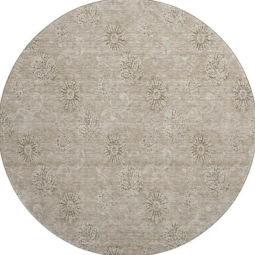 8' Khaki And Beige Floral Washable Round Rug With UV Protection Photo 4