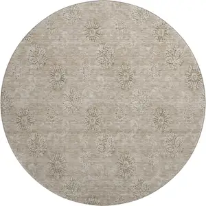 Photo of 8' Khaki And Beige Floral Washable Round Rug With UV Protection