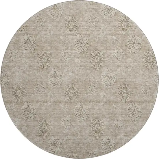 8' Khaki And Beige Floral Washable Round Rug With UV Protection Photo 1