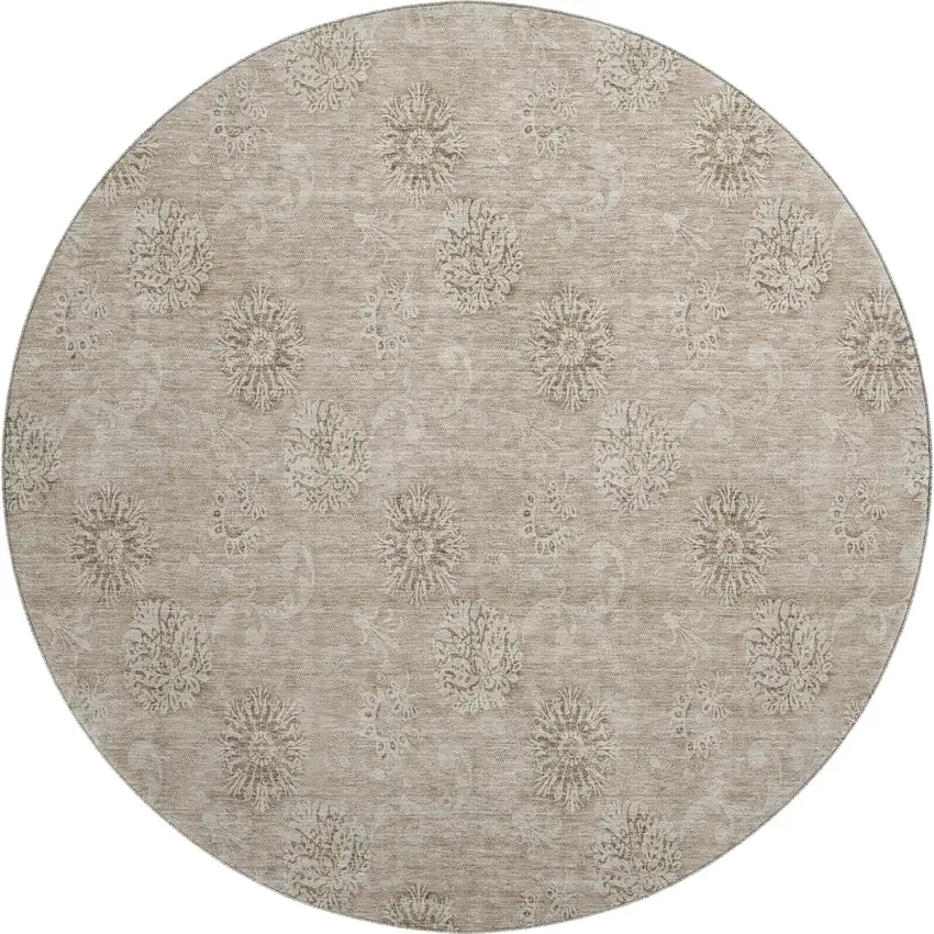 8' Khaki And Beige Floral Washable Round Rug With UV Protection Photo 1