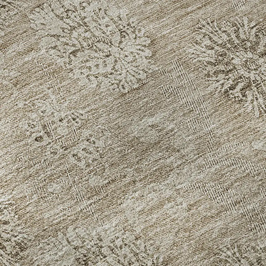 8' Khaki And Beige Floral Washable Round Rug With UV Protection Photo 9