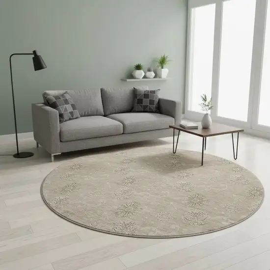 8' Khaki And Beige Floral Washable Round Rug With UV Protection Photo 2