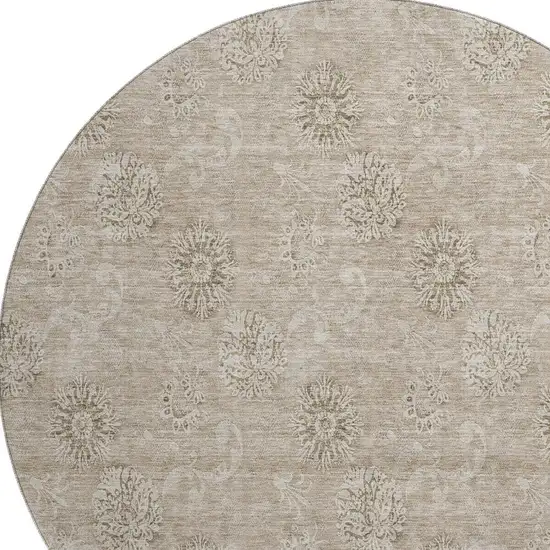 8' Khaki And Beige Floral Washable Round Rug With UV Protection Photo 3