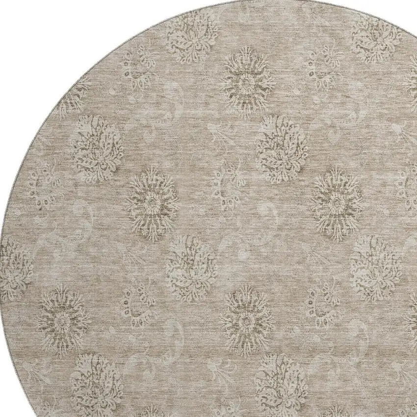 8' Khaki And Beige Floral Washable Round Rug With UV Protection Photo 3
