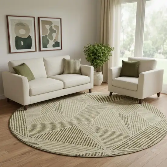 8' Khaki And Beige Geometric Washable Round Rug With UV Protection Photo 1