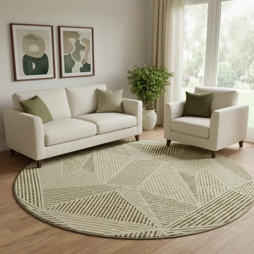 8' Khaki And Beige Geometric Washable Round Rug With UV Protection Photo 1