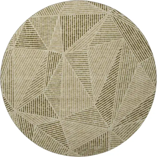 8' Khaki And Beige Geometric Washable Round Rug With UV Protection Photo 4
