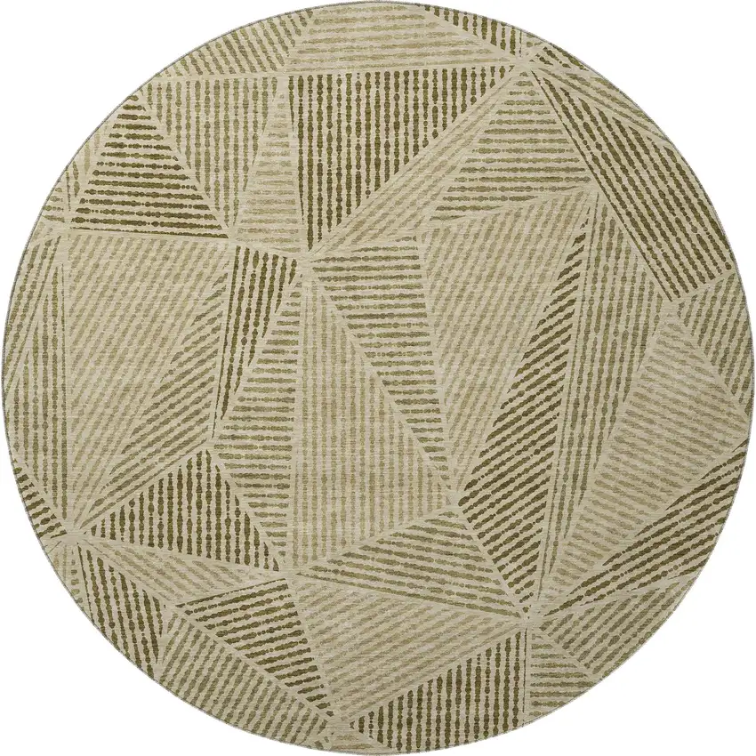8' Khaki And Beige Geometric Washable Round Rug With UV Protection Photo 4