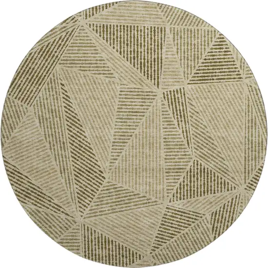 8' Khaki And Beige Geometric Washable Round Rug With UV Protection Photo 1