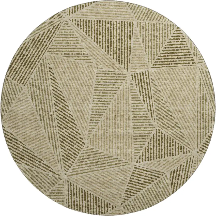 8' Khaki And Beige Geometric Washable Round Rug With UV Protection Photo 1