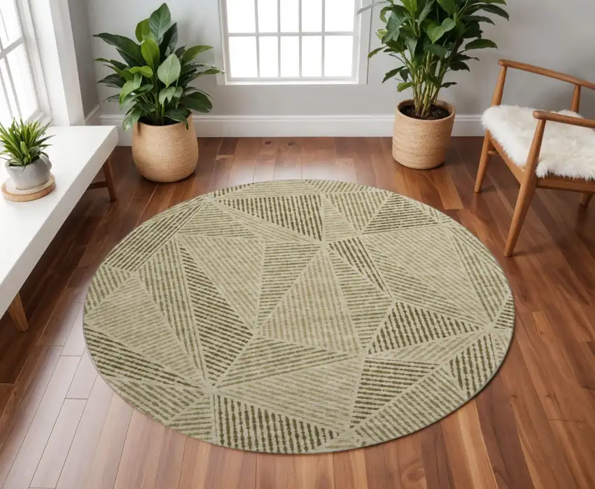 8' Khaki And Beige Geometric Washable Round Rug With UV Protection Photo 2